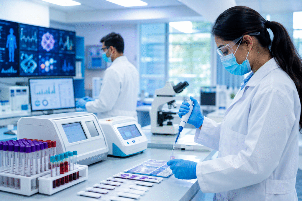 Laboratory professionals using diagnostic kits and rapid testing solutions for preventive healthcare screening and early disease detection.